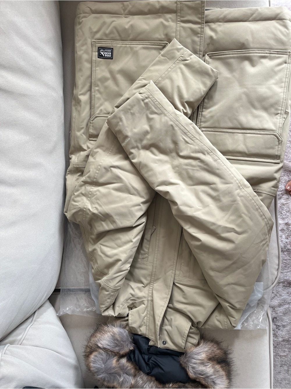 Edie Bauer Men's Down Hooded Parka in Beige with Faux-Fur Trim NEW NEVER WORN